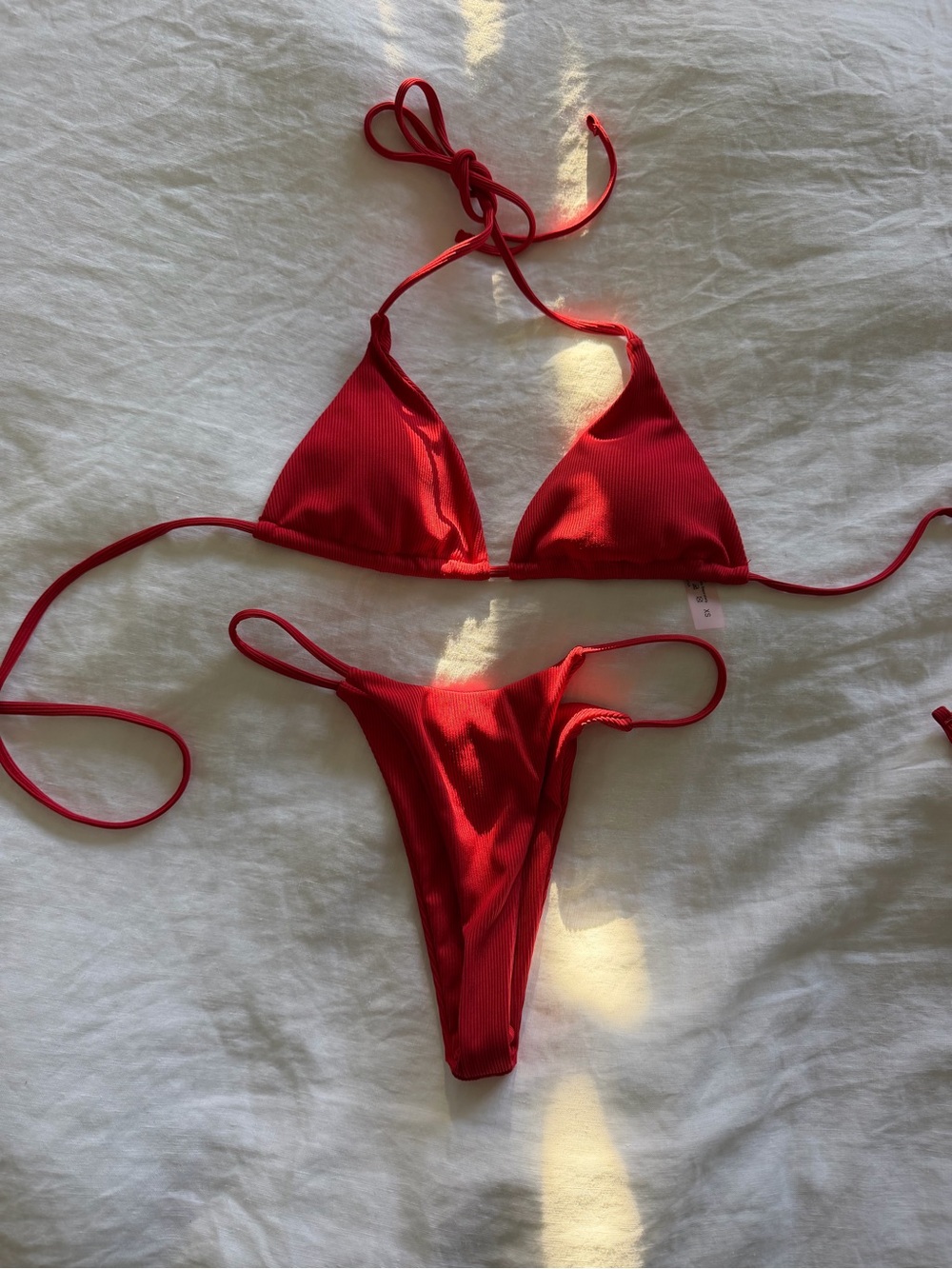Red Ribbed String Cheeky Bikini